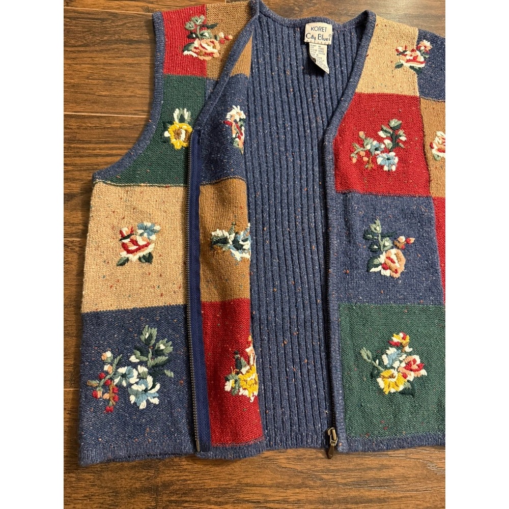 Koret City Blues Petite Small Floral Patchwork Sweater Vest Zip Front Grandma PS - Picture 4 of 8